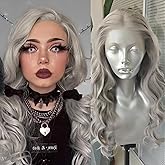 RDY Sliver Grey Long Body Wave Lace Front Wig Middle Part Natural Wavy Heat Resistant Fiber Synthetic Wigs for Women Girls Party Cosplay Wear 24 Inch