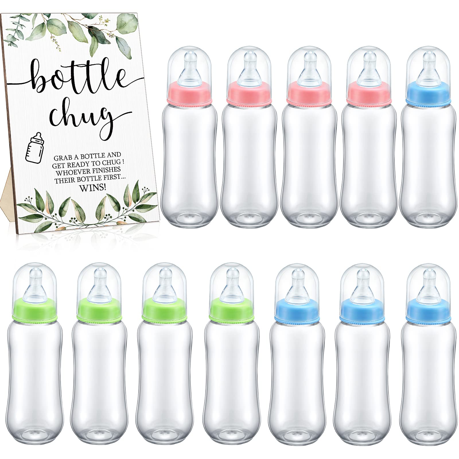 Photo 1 of Roowest Bottle Chug Baby Shower Game Favors 12 Pcs Baby Bottles Shower Favor with 1 Wooden Sign for Gender Reveal Party Supplies Gifts(Green Leaves)