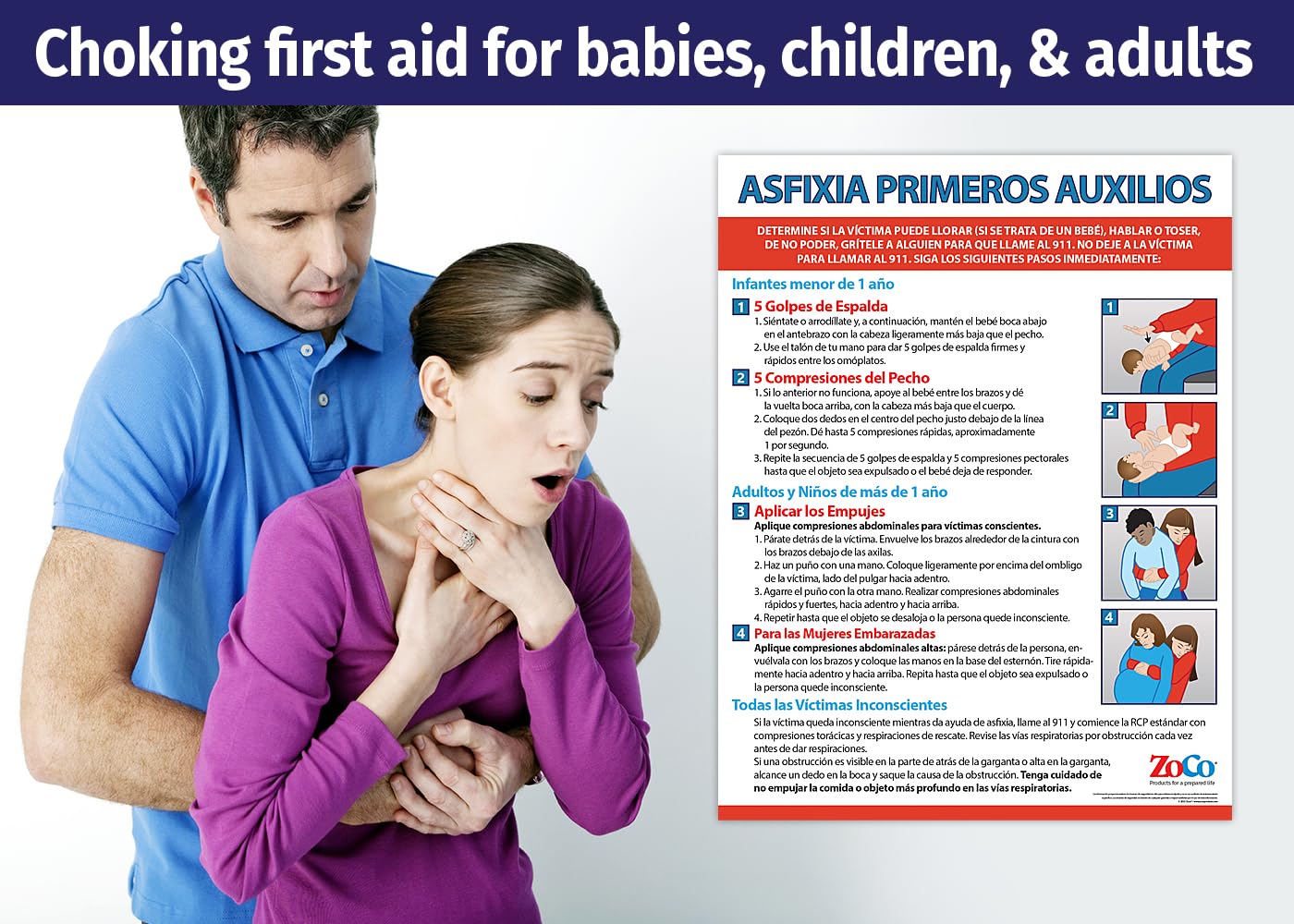 Choking Poster for Infant, Child, Adult in Spanish (1 Pack) - Heimlich Maneuver Poster for Restaurants, Workplace, Schools - First Aid for Choking - Laminated, 17 x 22 inches