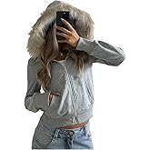 GORGLITTER Women's Fur Hoodie Zip Up Crop Jacket Fuzzy Long Sleeve Trendy Open Front Hooded Sweatshirts Fall Outfits