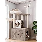 Heybly Cat Tree, Wood Litter Box Enclosure with Food Station, All-in-one Indoor Cat Furniture with Large Platform and Toy, Mo