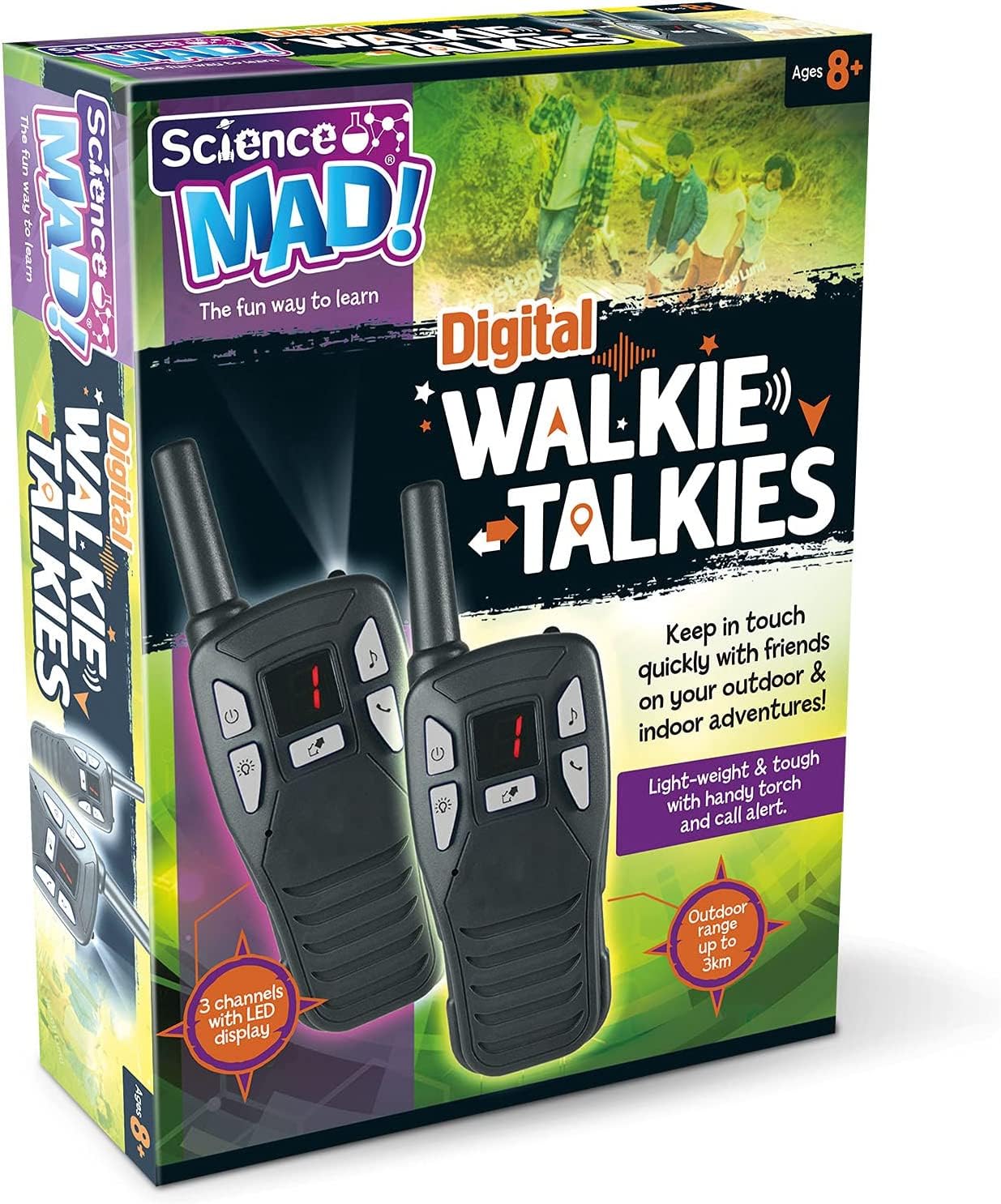 Science Mad Digital Walkie Talkies For Kids - For Fun Indoor and Outdoor Explorations - Features Portable, Lightweight, 3 Channels, 3km Range, Alerts, Night Light, LED Display, 6+ Years