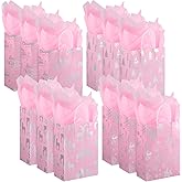 Pasimy 24 Pcs Pink Christmas Gift Bags with Tissue Paper Xmas Treat Paper Bag Pink Silver Metallic Foil Snowflake Reindeer Merry Christmas Goody Bag for Xmas Holidays New Year Party Supplies
