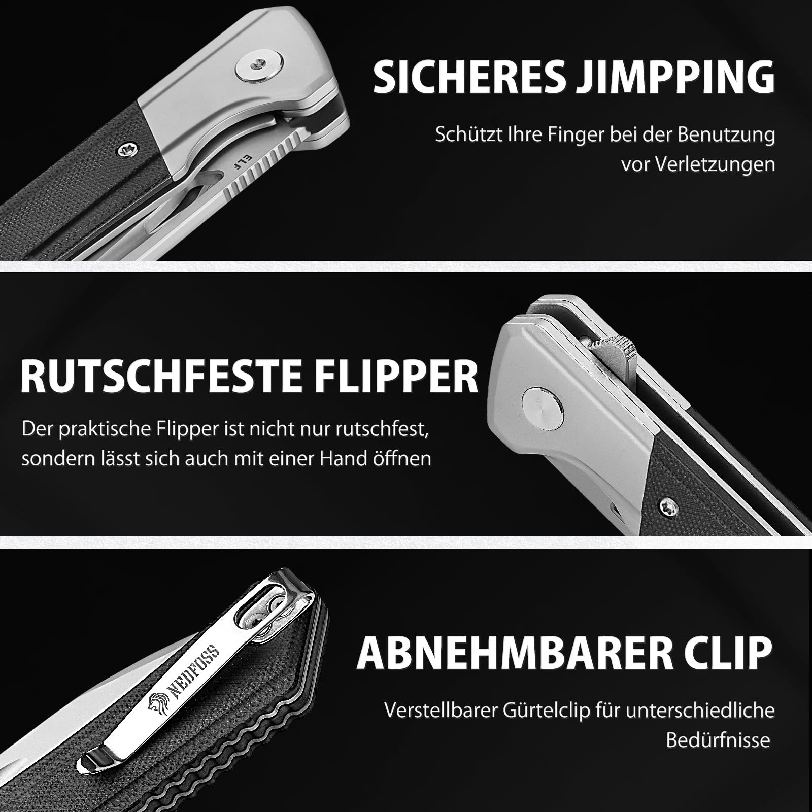 NedFoss ELF Klappmesser, Taschenmesser scharf, EDC Messer mit G10 Griff, Einhandmesser aus D2 Stahl,Outdoor messer mit Gürtelclip, Pocket Knife,Scharfes Survival messer Outdoor für Alltag und Outdoor 4