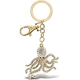 Aqua79 Octopus Keychain - Gold 3D Sparkling Charm Rhinestones Fashionable Stylish Metal Alloy Durable Key Ring Bling Crystal Jewelry Accessory With Clasp