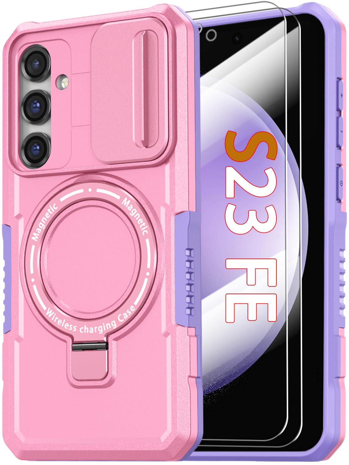 Photo 1 of KTUOHU for Samsung Galaxy S23 FE Magnetic Case with Screen Protector, Compatible with MagSafe Wireless Charging, Military Grade Case with Camera Cover & Ring Stand, Shockproof Protection Cover, Pink