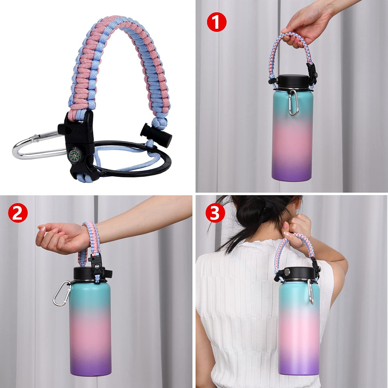 Wongeto Paracord Handle Compatible with Hydro Flask Water Bottle- Fits Wide Mouth Bottles 12oz to 64oz- Paracord Carrier Survival Strap Cord with Safety Ring and Carabiner(Pink&Blue) : Sports & Outdoors