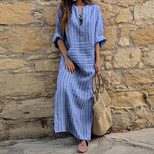 Women's Pocket Skirt European and American Cotton and Linen Dyed Striped Loose Long Dress