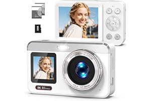 Hoorola Digital Camera, 5K Vlogging Camera for Photography, 80MP Dual Screen Point and Shoot Digital Camera with Auto Focus, 18X Zoom, Flash, 2 Batteries, 32GB Card for Teens and Adults (White)