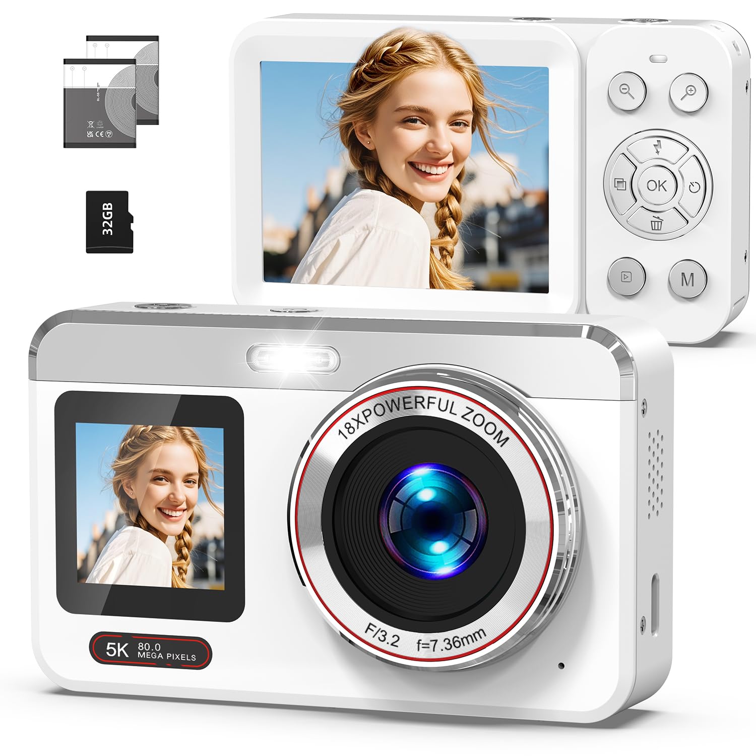 Photo 1 of Hoorola 5K Digital Camera, 80MP Dual Screen Autofocus Vlogging Camera, 18X Zoom Point and Shoot Camera for Photography, Flash, 32GB Card, 2 Batteries, Compact Camera for Teens Adults (White)