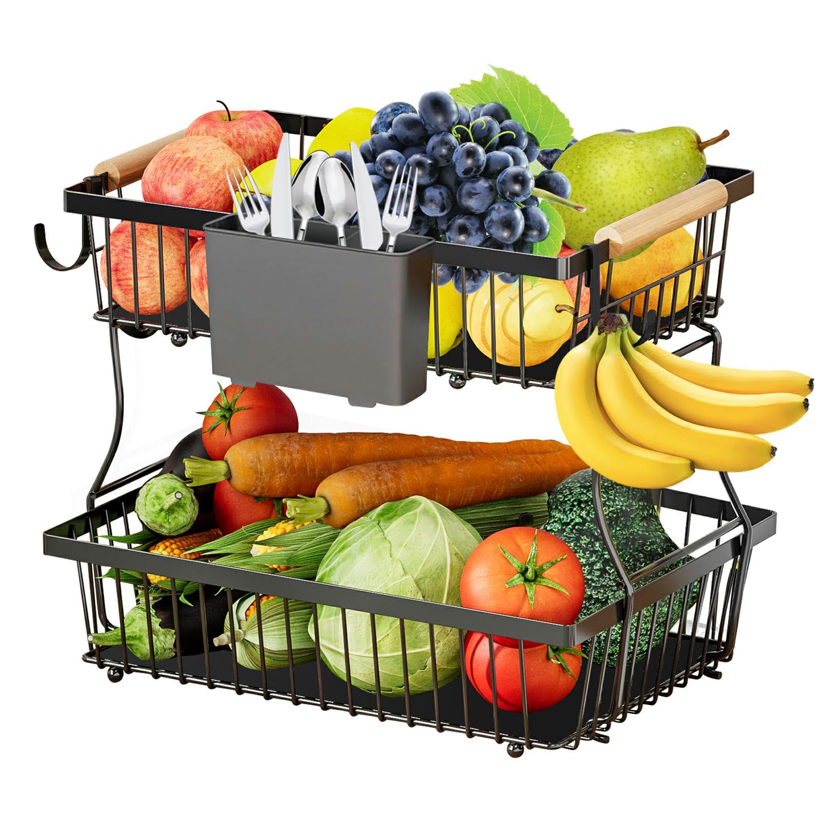 Photo 1 of 2 Tier Fruit Basket with 4 Banana Hangers and 1 hanging basket, Detachable Fruit Bowl for Kitchen Counter, Large Capacity Fruit Holder Stand Countertop Organizer for Bread Snack Produce Storage
