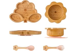 MINGHOYO Bamboo Suction Plates Bowls Set for Baby Toddler - Includes Bamboo Bowl, Divided Plate, Silicone Fork & Spoon, All-Natural Baby Feeding Set for Baby-Led Weaning