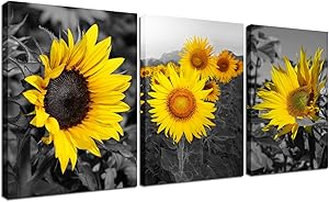 Canvas Wall Art Sunflower Painting - Rustic Home Wall Decorations for Living Room Decor Black Whtie Yellow Flower Picture Frame Floral Landscape 3 Piece Kitchen Artwork Giclee Print Ready to Hang