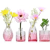 Mapoxy Glass Bud Vases Set of 4,Small Pink Flower Vases for Wedding Centerpiece Table Decorations,Clear Vintage Embossed Mini Vases,Flower Arrangements in Vases for Party or Home Decor