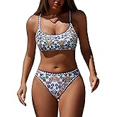 ZAFUL Women's Bikini Set Criss Cross Back Two Piece Swimsuits Scoop Neck Splicing Lace Up Textured Bathing Suits