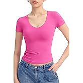 PUMIEY Women's V Neck Short Sleeve T Shirts Slim Fit Going Out Tops Sexy Basic Tee Sharp Collection