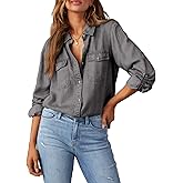 Astylish Women Button Down Denim Shirts Casual Long Sleeve V Neck Chambray Blouse Top