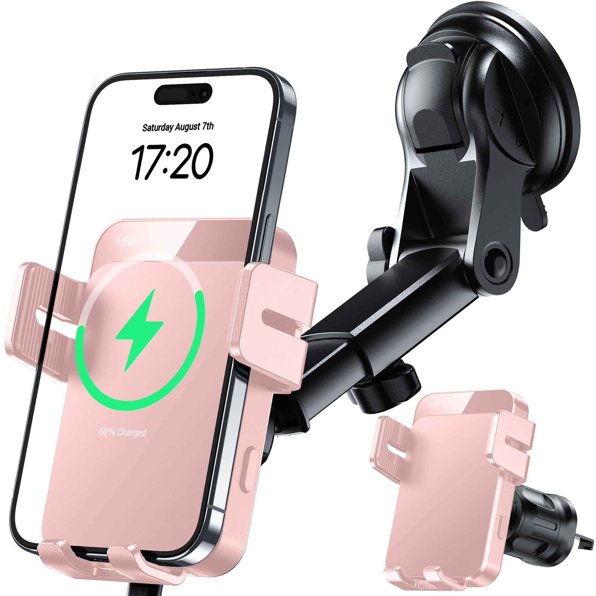 MOKPR Wireless Car Charger, 15W Auto Clamping Car Charger Dash Windshield Air Vent Phone Holder Compatible with iPhone 16 15 14/13/13 Pro/12 pro/12/11/X/8, Samsung S24/S23/S22, Pink