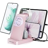 Samsung Charging Station, 5 in 1 Wireless Charger for Galaxy S25 S24 Ultra S23 S22 S21, Charger Dock Stand for Galaxy Watch Ultra 7 6 5 4 3, Android Charging Station for All USB-C Buds, Pink