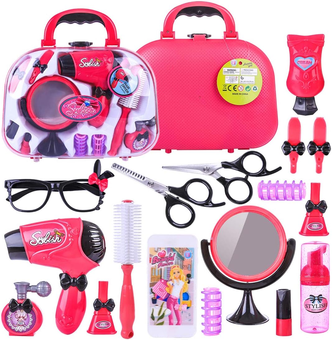 Polai 18Pcs Girls Hair Dresser Set Pretend Hairdressing Set for Children