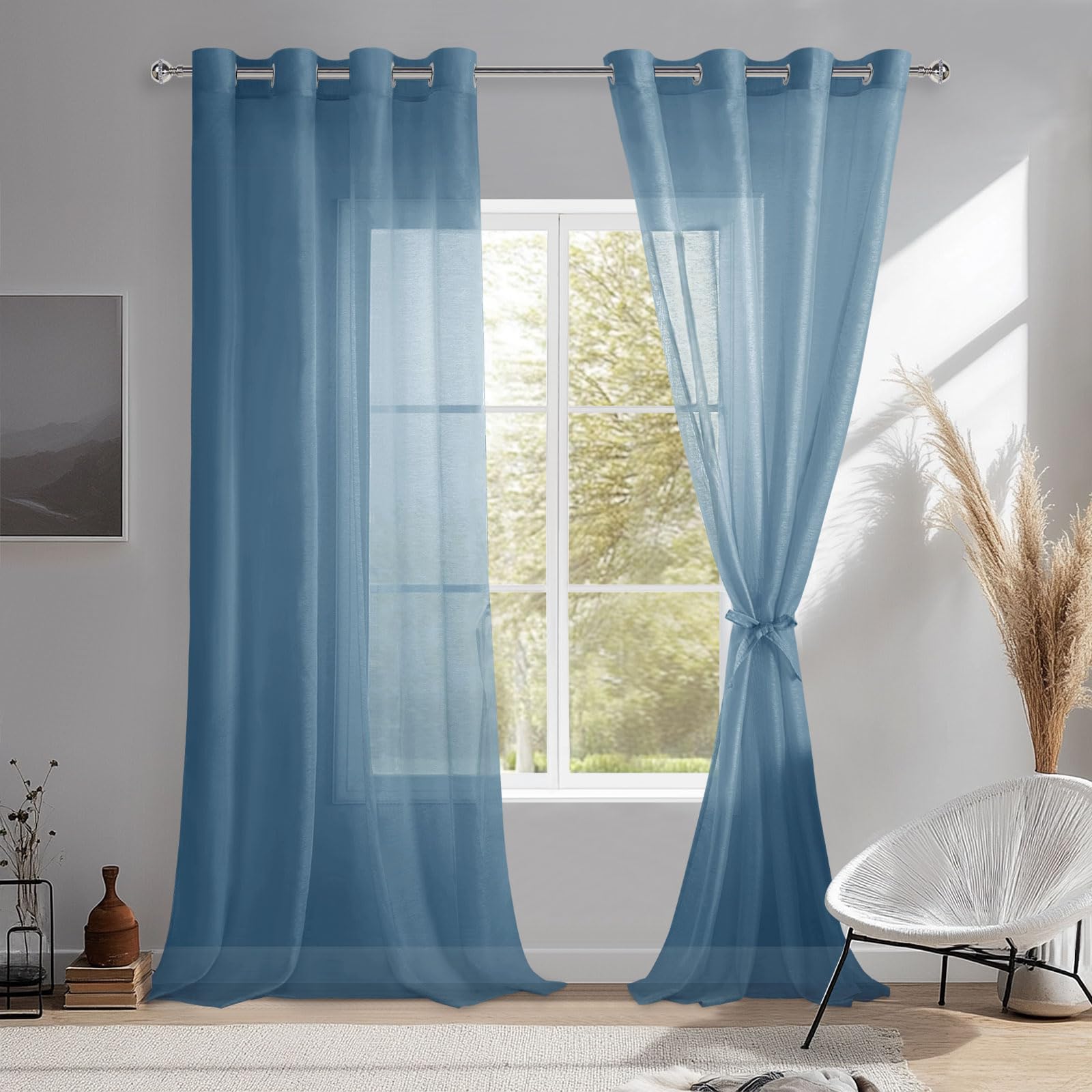 DWCN Blue Sheer Curtains with Tiebacks Semi Transparent Voile Grommet Curtains Elegant Window Curtains for Bedroom and Living Room,2 Panels,W52 x L96