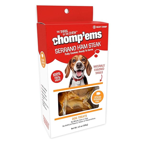 RUFFIN’ IT CHOMP’EMS SERRANO HAM STEAK, 1 PACK – HEALTHY, PROTEIN RICH TREATS FOR DOGS – LONG LASTING DOG CHEWS