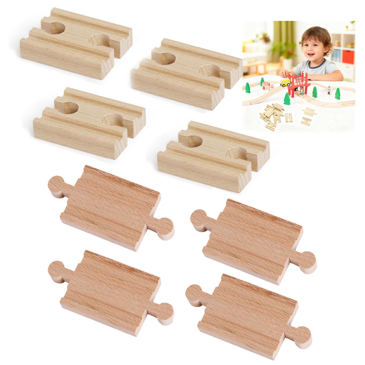 Wooden Train Track, 8 Pcs Wooden Train Set 4 Concaves & 4 Convexs Track Connectors Railway Trains Tracks Connectors Adapters Sets Woode/n Train Track Expansion Pack for Kids