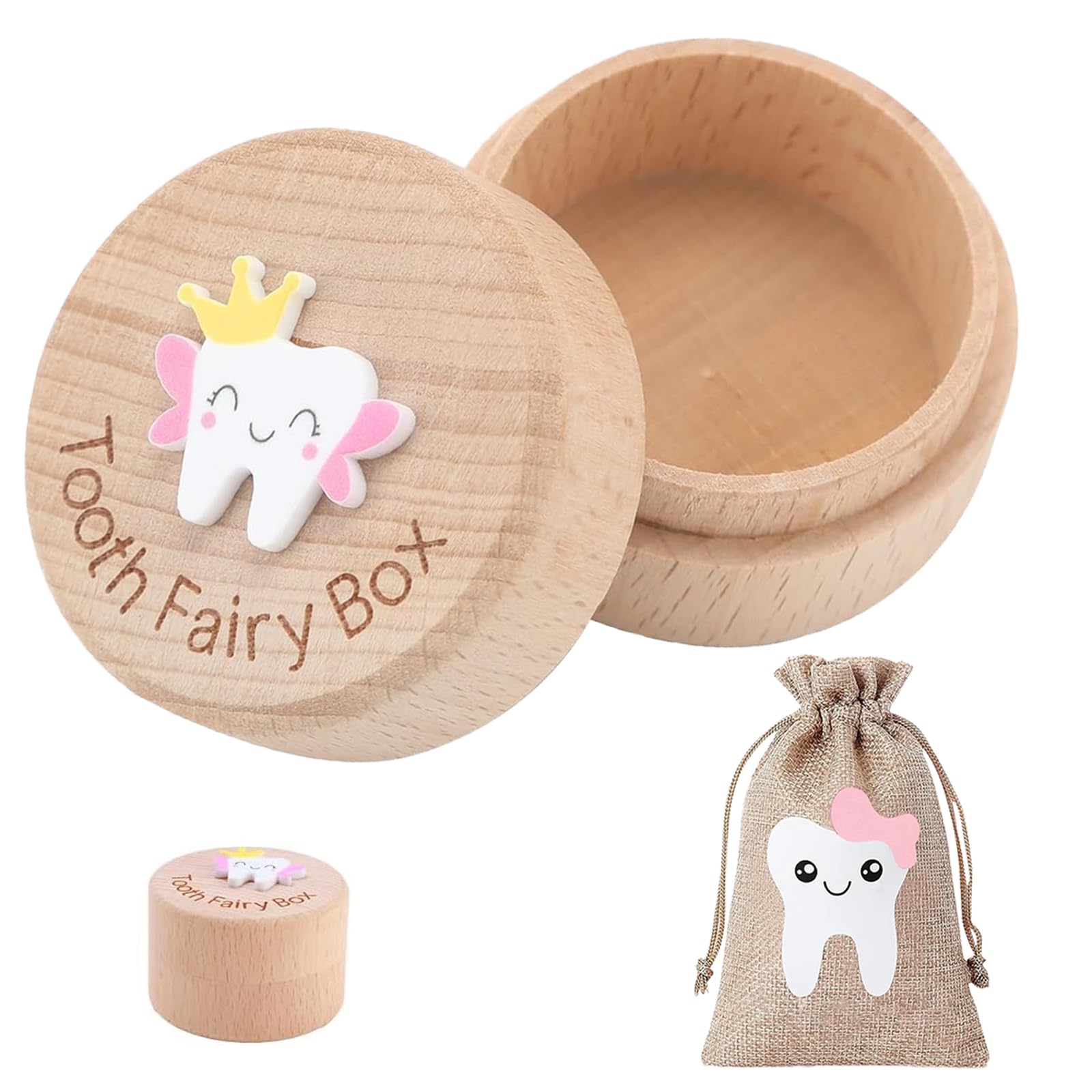PSFYRN Wooden Tooth Fairy Storage Box with Bag for Lost Teeth - 3D Carved Personalized First Keepsake for Kids (Girl)