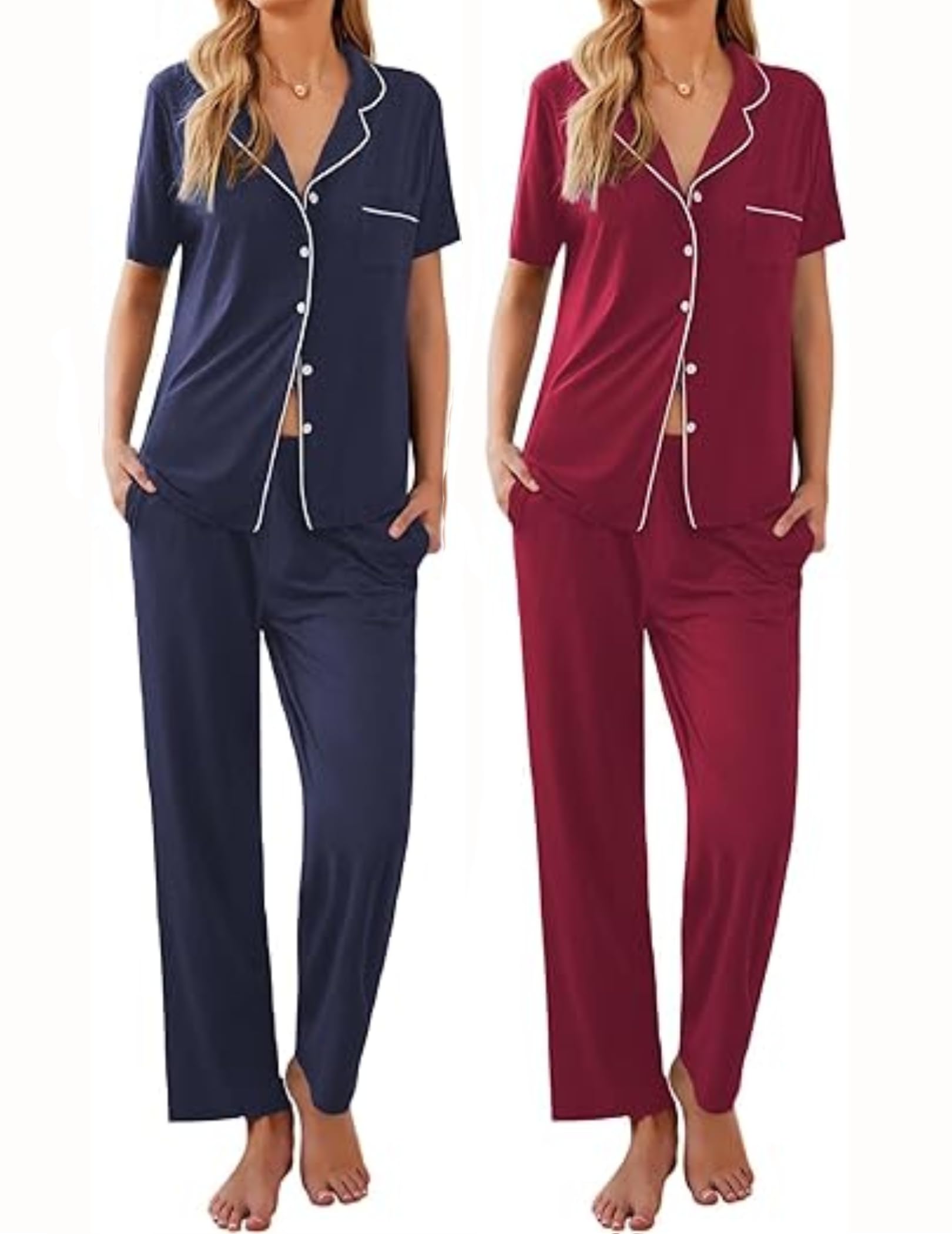Photo 1 of ***ONLY ONE****Ekouaer 2 Pack?Women Pajamas Short Sleeve Pj Set Notch Collar Button Up Loungewear Cozy Sleepwear Sets Wine Red M