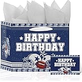 Hokinaa Football Cowboy Gift Bag - Birthday Large Blue Cowboy Party Decorations with 3 Pcs Tissue Paper and Greeting Card Happy Sport Team Game Day Favors Decor Supplies for Kids Boys Men Fans