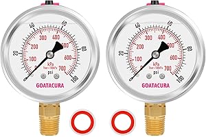 GOATACURA 0-100psi/kpa Glycerin Filled Pressure Gauge, 2-1/2" Dial Size (2 Pack), Stainless Steel Case, with Vent Valve, 1/4" NPT Lower Mount, 2-1-2% Accuracy, for Measuring Gas Liquid Pressure