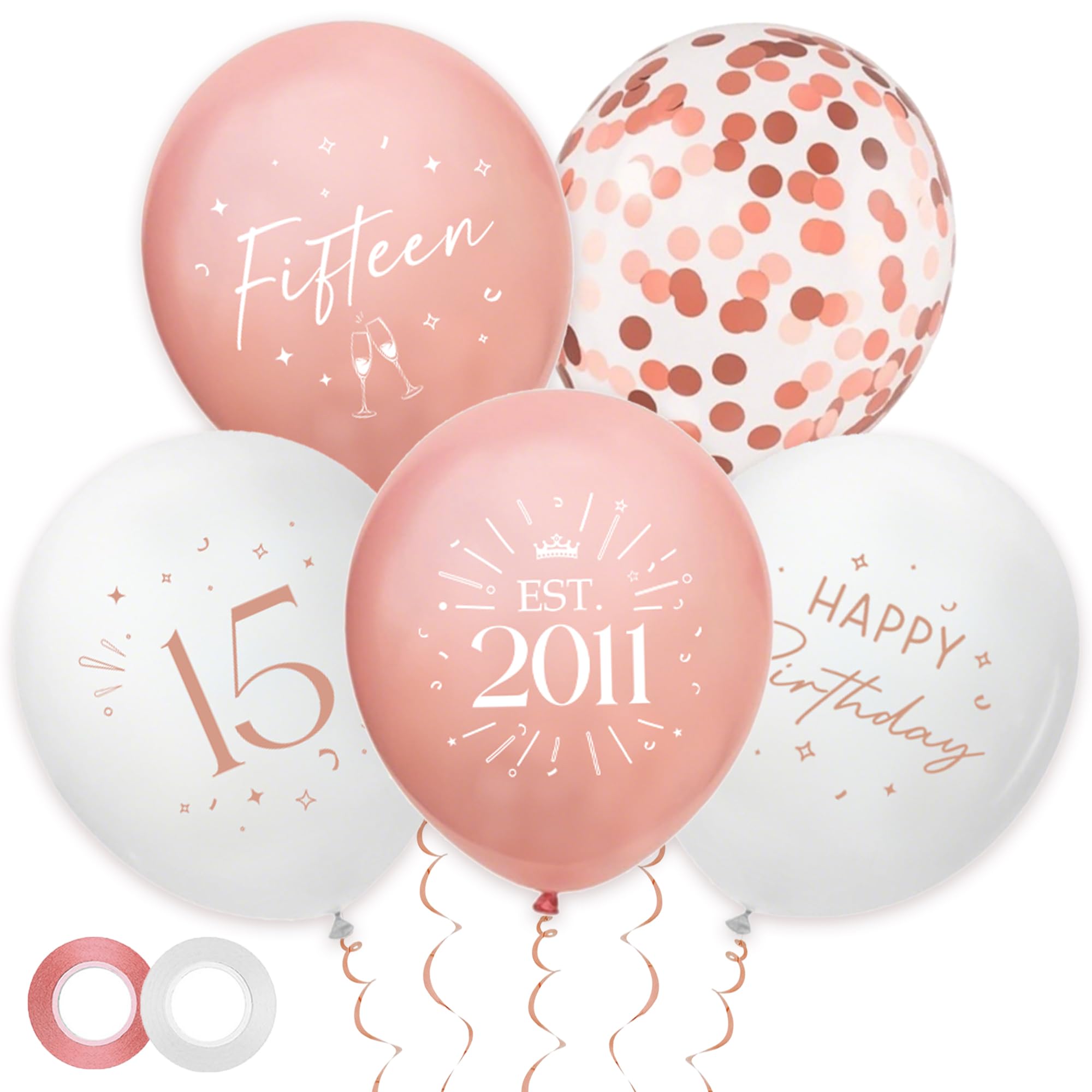30 Pack 15th Birthday Balloons Decorations - Rose Gold 15 Party Decor for Girls Fifteen Balloon with Ribbon, Retro Vintage Classic EST. 2001 Happy 15th Birthday Decoration