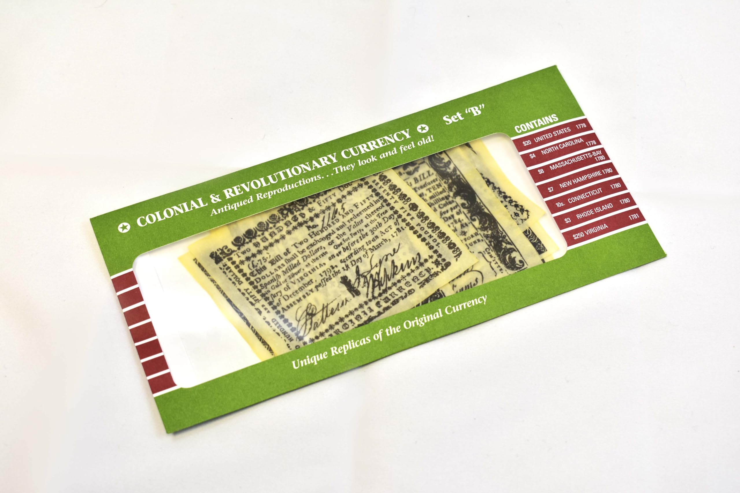 Our Amendments - Colonial and Revolutionary Currency Set B, Authentic Parchment Replica Bank Notes in Envelope- 7 replica bills from 1700's included