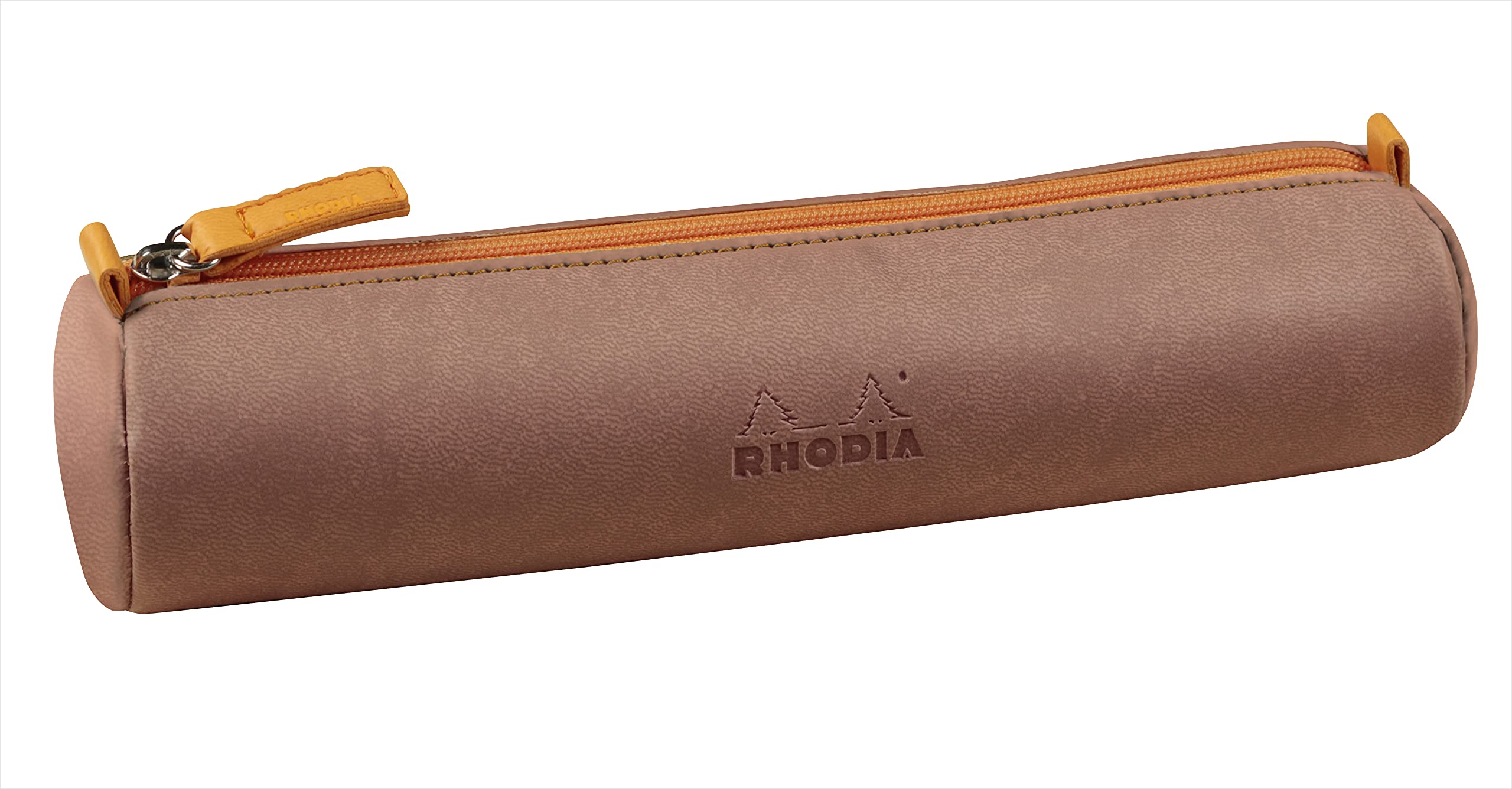 RHODIA 319002C - Rhodiarama Rosewood Round Pencil Case - 21.5 x 5.5 cm - Genuine Orange Stitching - Ivory Jersey Interior - Faux Leather - Storage for Pens, Pencils, Markers, Small Supplies