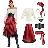 Prebene 7Pcs Womens Pirate Costume with Accessories Renaissance Blouse Tops Skirt Medieval Belt Headscarf Full Outfit