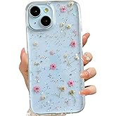 LSEEKA for iPhone 14 Plus/iPhone 15 Plus Clear Case with Real Flowers Design, Glitter Pink Floral Slim Soft TPU Protective Women's Phone Cover