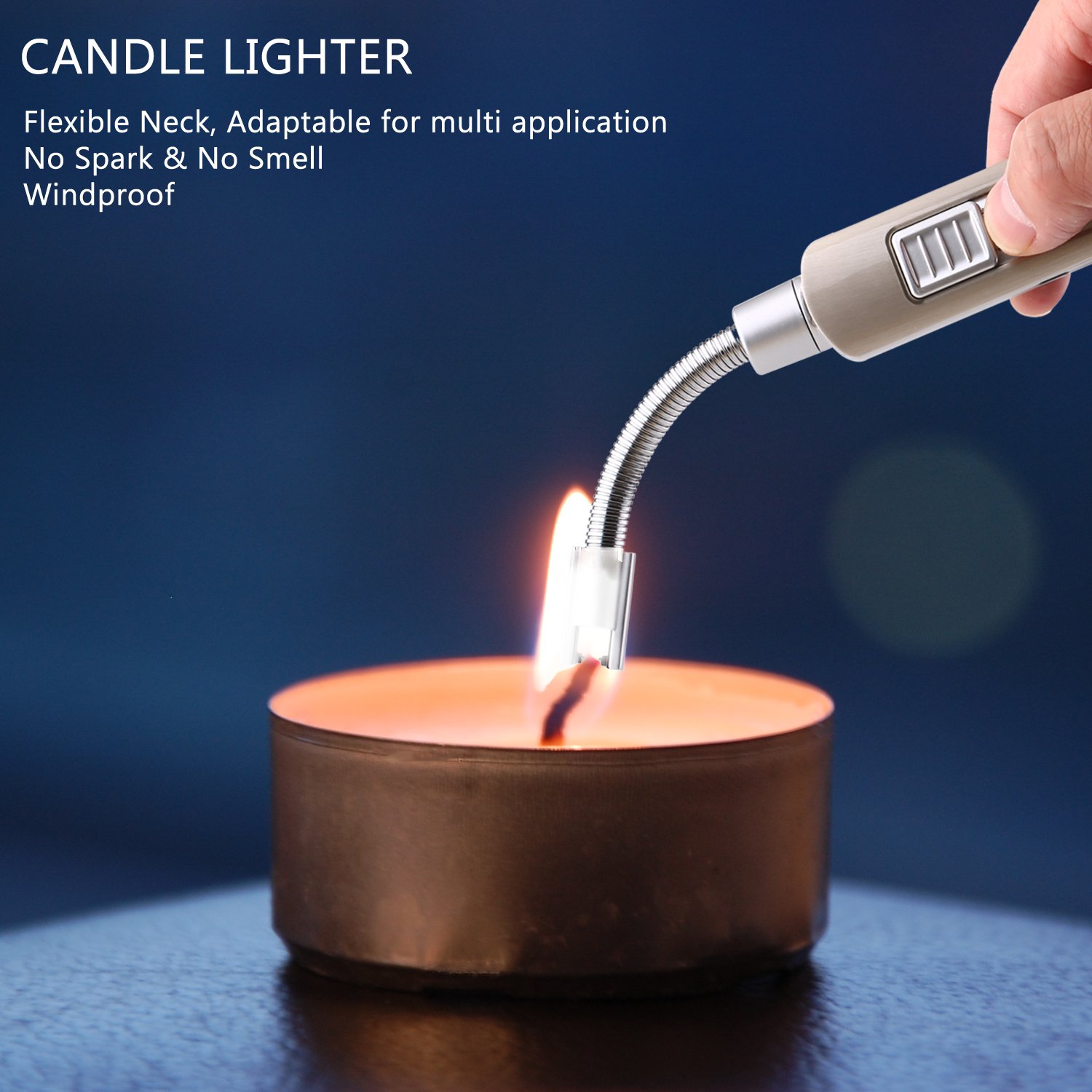 Cookan Electric Arc Lighter, USB Rechargeable No Spark Windproof Electronic Lighters for Candle BBQ, with Safety Switch, Long Neck 360° Flexible Rotation, Over 300 Times Spark per Charge (Metal Shell)