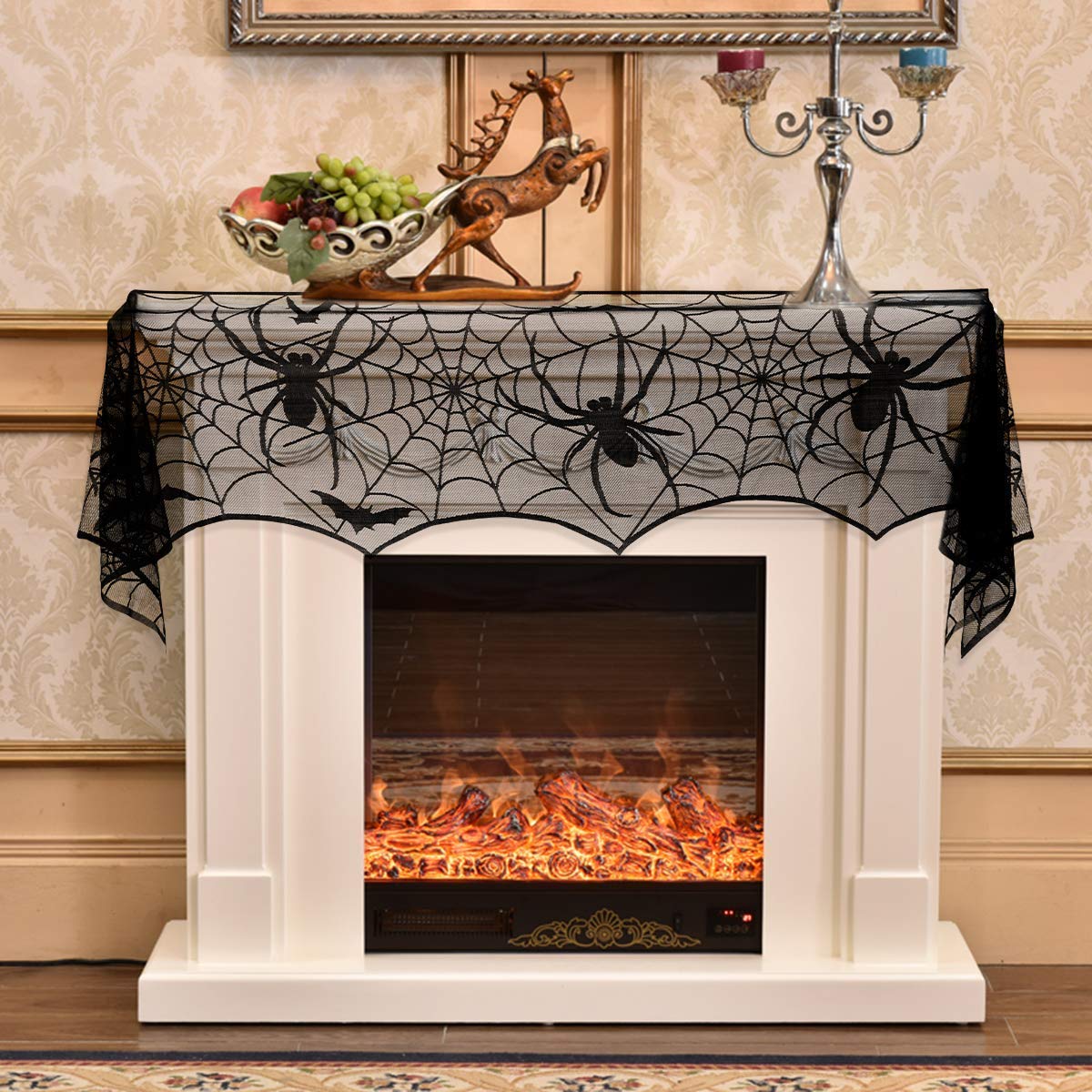 Halloween Fireplace Dcoration, JTS Halloween Mantle Scarf with Spiderweb Shape, Halloween Fireplace Cover with Black Lace for Halloween Mantle Decorations