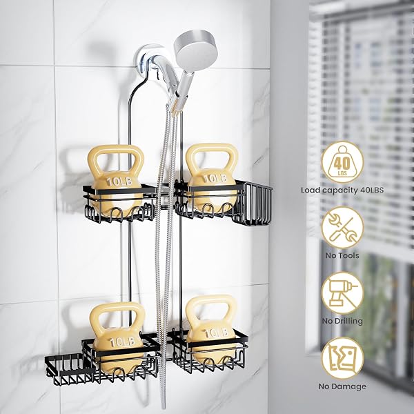 KEGII SHOWER CADDY HANGING FOR HANDHELD SHOWERHEADS, RUSTPROOF HANGING SHOWER ORGANIZER WITH SOAP DISH, TOOTHBRUSH HOLDER AND HOOKS, OVER SHOWERHEAD CADDY FOR BATHROOM