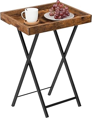 Mesa Auxiliar con Bandeja, de Sofá Plegable con Bandeja Extraíble de Madera, Mesita de Café de Estilo Vintage con Estructura Metálica, Estilo Industrial Contemporáneo, Marrón Rústico EBF29BZ01