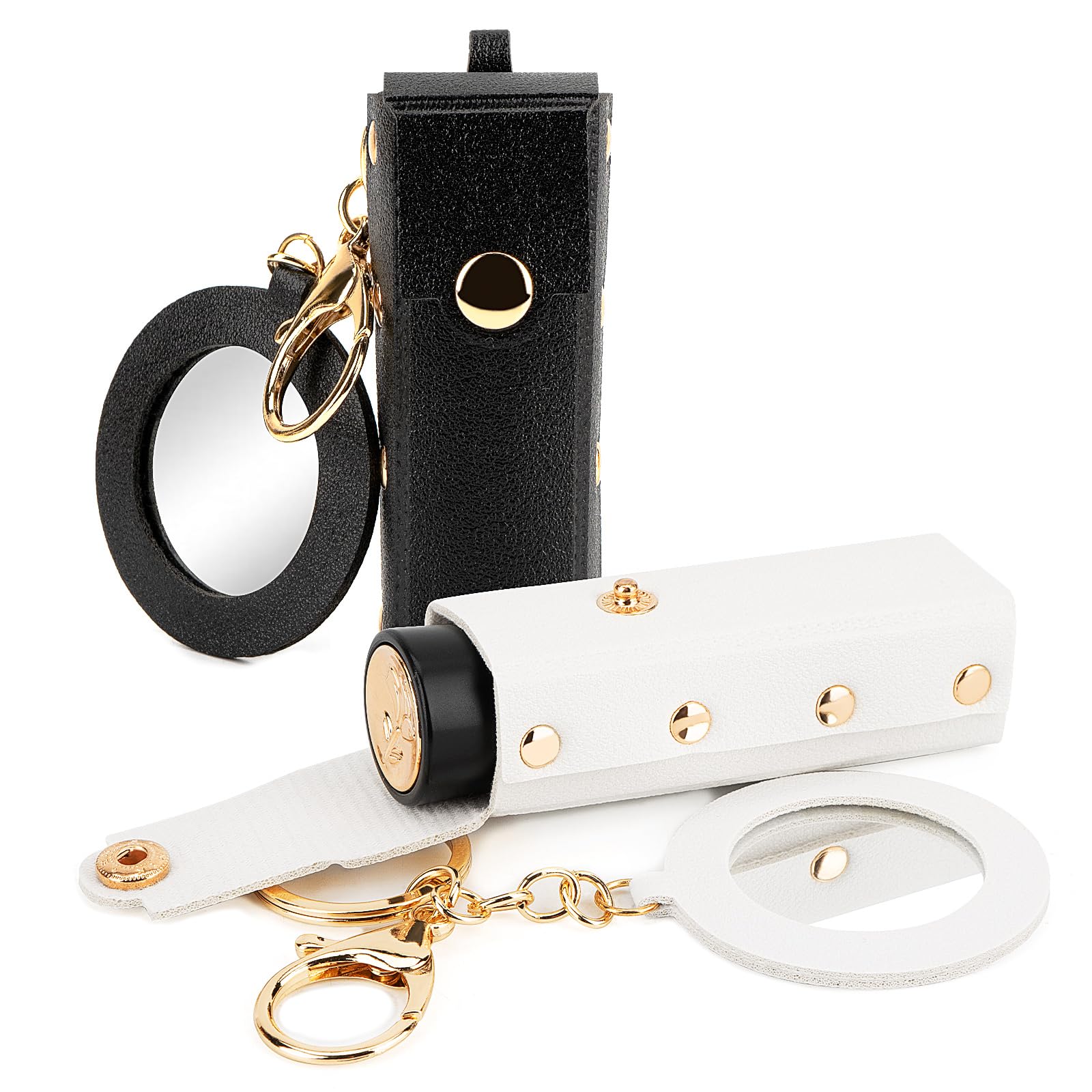Adorila 2 Pack Lipstick Organizer Keychain, Leather Lipstick Case with Mirror for Women, Portable Lip Gloss Bag Lip Balm Holder for Travel (Black & White)