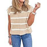 Saodimallsu Womens Cap Sleeve Tank Tops Striped Crew Neck Casual Loose Fit Spring Summer Pullover Knit Sweater Vest