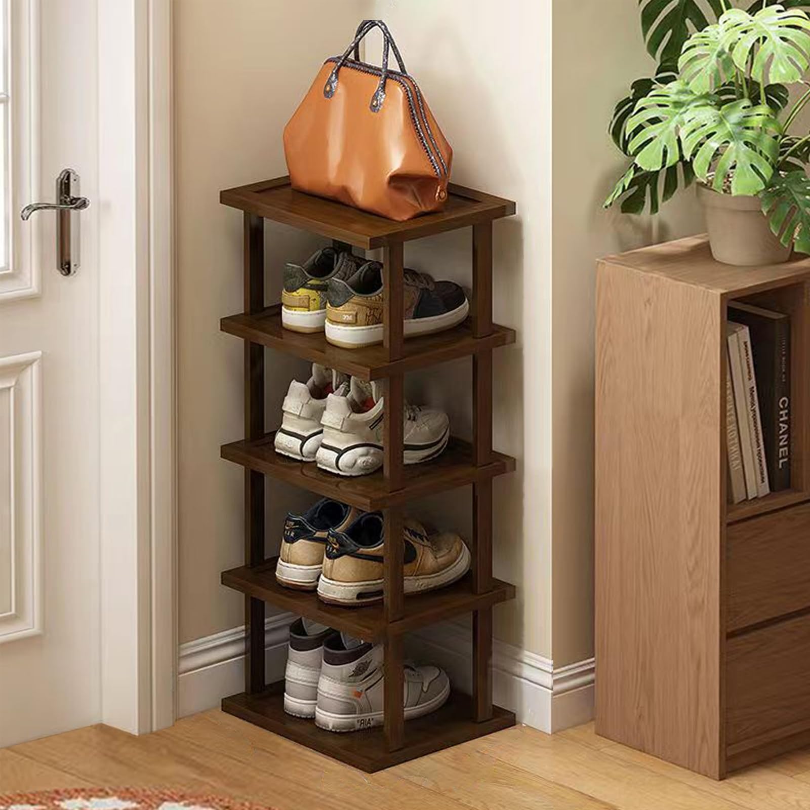 Photo 1 of Vertical Shoe Rack - Tall Narrow Shoe Rack Organizer for Small Spaces,5 Tier Bamboo Shoe Shelf for Entryway,Closet,Corner,Doorway,Skinny Shoe Shelf Space Saving Shoe Storage,Free Stackable DIY