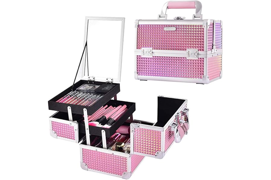 Joligrace Makeup Train Case Makeup Case Organizer Portable Cosmetic Box Storage with 2 Trays Mirror Locking Make Up Travel Case for Nail Kits Cosmetics Craft Traveling Makeup Box Mermaid Pink
