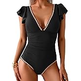 Aidonger Women's One Piece Ruffle Swimsuit Tummy Control Bathing Suit V Neck Shell Stitched Swim Suit Slimming Swimwear