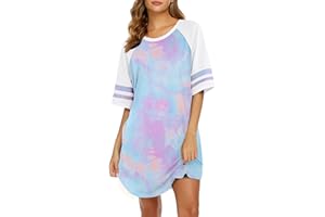 Ekouaer Cotton Nightgowns for Women Short Sleeve Sleep Shirts Crew Neck Night Shirts Soft Color Block Night Gown