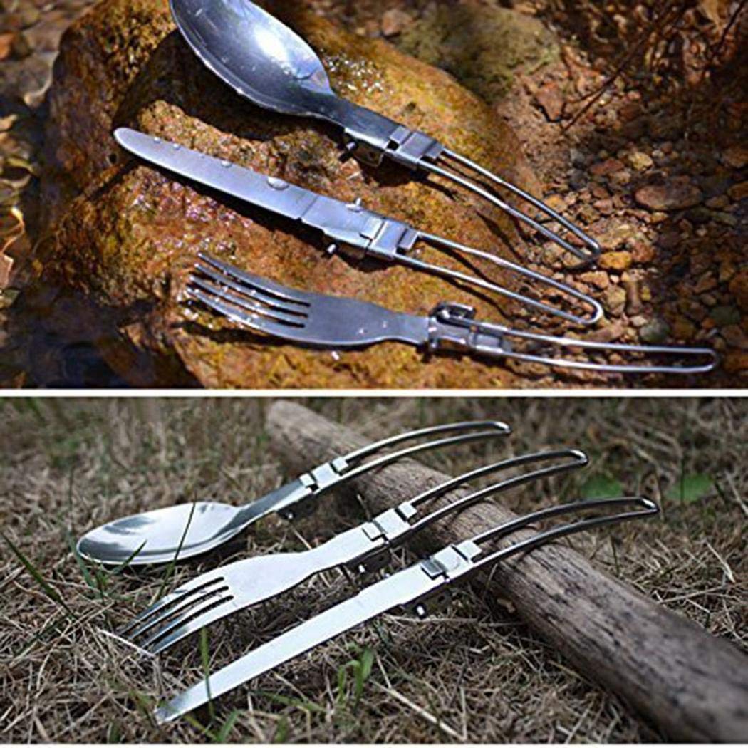 mekolen 3 Pezzi Stoviglie Pieghevoli in Acciaio Inossidabile, Portatile Coltello da Tavola e Forchetta Cucchiaio Set di Posate Miste per BBQ, Campeggio, Arrampicata