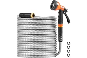 VEVOR Garden Hose Metal 50FT – Heavy Duty Stainless Steel Water Hose, Flexible, No Kink & Tangle, Puncture Resistant & Rust Proof, Lightweight w/ 10-Function Spray Nozzle for Yard, Outdoor, Gardening