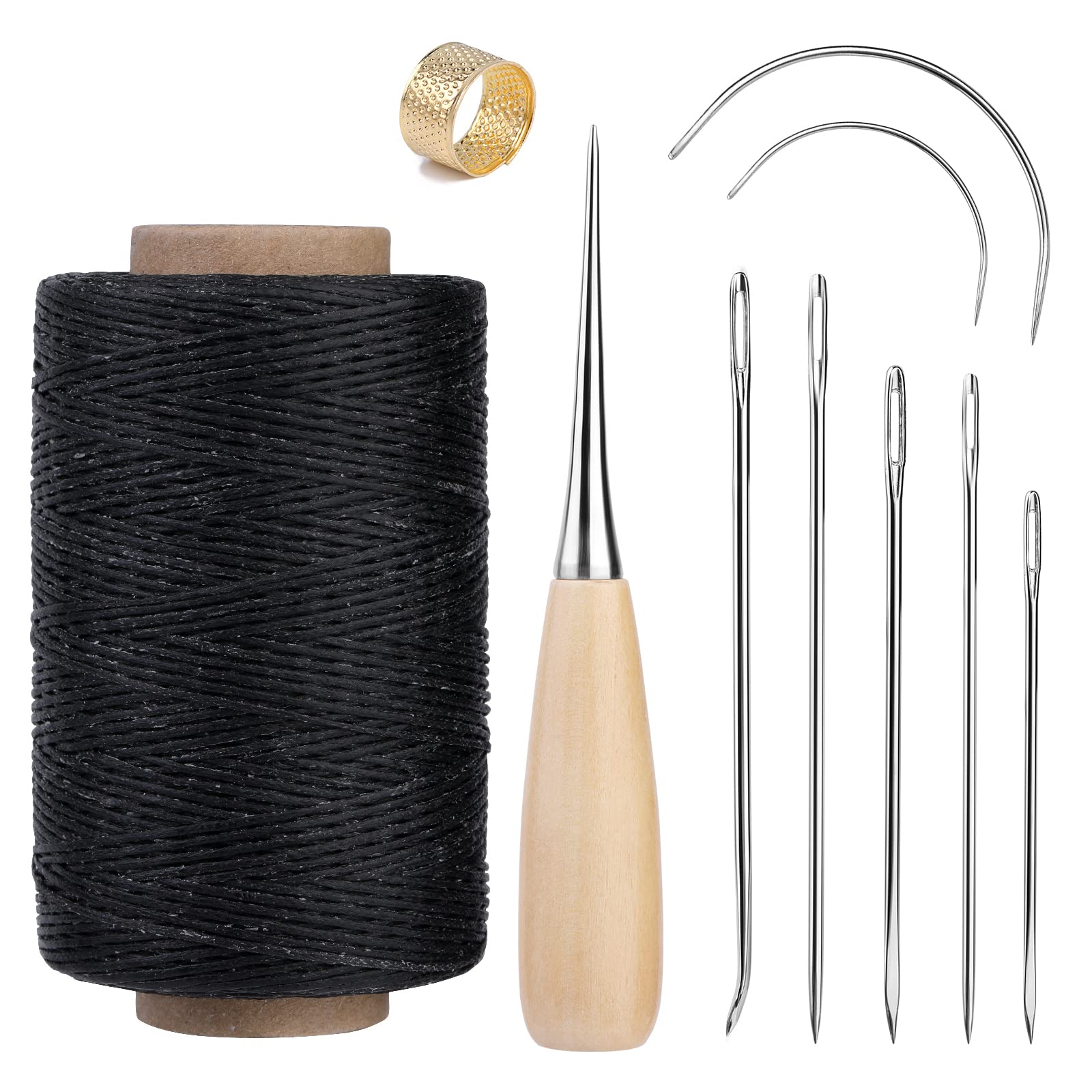 SUVSOON 273 Yards Leather Waxed Thread Kit, Upholstery Repair Waxed Thread Sewing Kit Including Stitching Needle Awl Thimble, Sewing Set for Leather Carpet Sofa Seat Shoe Repairing (Black)