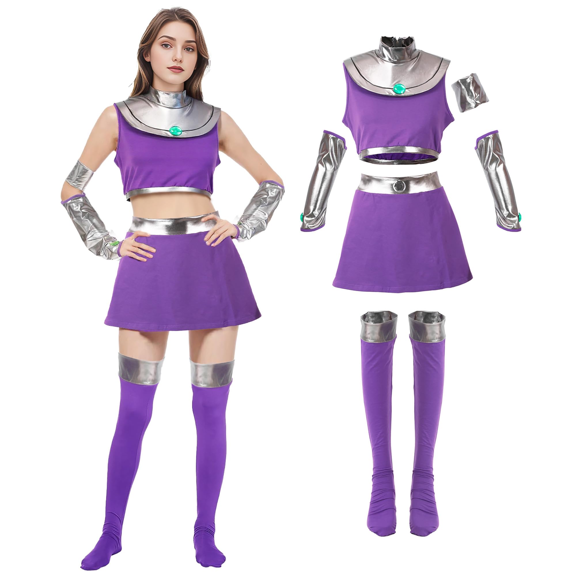 Photo 1 of  6Pcs Women Starfire Costume Cosplay Outfit Princess Koriand'r Skirt Top Dress Up with Gloves Socks for Halloween Adult (Small)